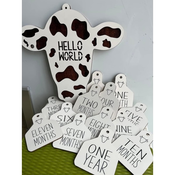 14 stk tre 3d Highland Cow-tema Baby Månedlige Milestone Markers Fødselskunngjøring, Highland Cow Milestone Markers