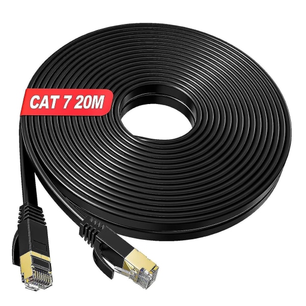 Ethernet-kabel 20 m höghastighet, Cat 7 platt skärmad internetkabel, Rj45 LAN-kabel 20 m svart, 600 mhz Gigabit nätverkskabel 20 meter kompatibel med ca.