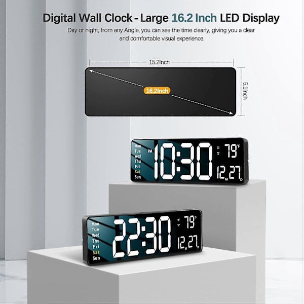 16-tommers veggklokke LED digital vekkerklokke med fjernkontroll, 12/24 timer stilig moderne design.