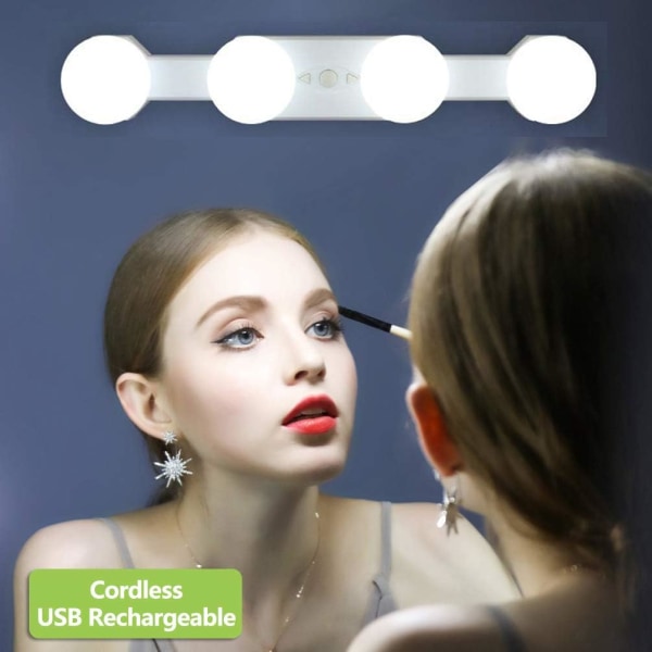 Meikkivalot johdoton kannettava, LED-meikkipeilivalosarja Hollywood-tyylinen USB ladattava, 4 himmennettävää polttimoa monitoimivalot, akkuvirta