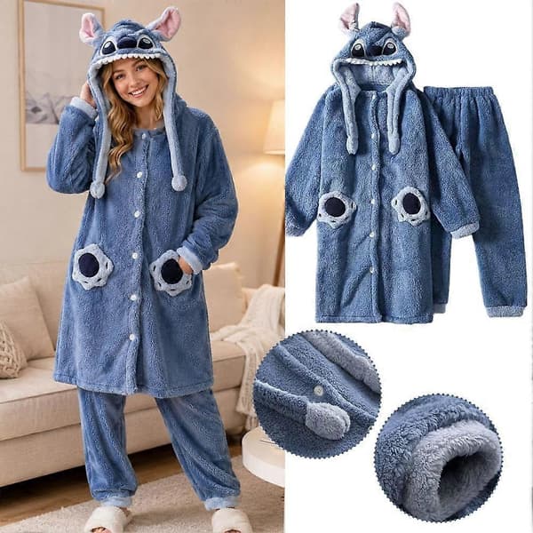 Tecknat pyjamasset för par - Varm vinterfleece myskläder för män och kvinnor Blue B L