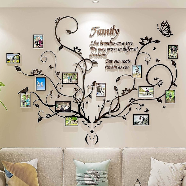 Hjortefamiliens Stamtræ Væghængt Dekoration Til Stuen, 3D Aftagelig Billedramme Collage DIY Akryl Klistermærker Med Hjortehoved Og Citater Familie Som Grene