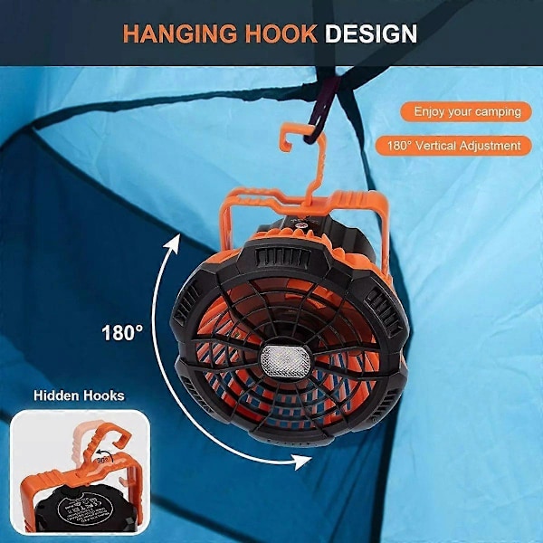 Portabel campingfläkt med LED-belysning, USB-driven, kompakt design, mångsidig utomhusbruk