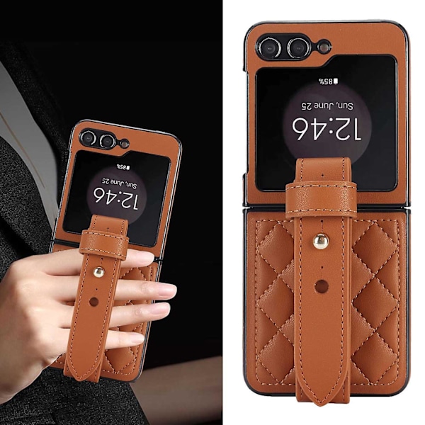 För Samsung Galaxy Z Flip 6 Fodral med handledsrem, tunt smalt stöttåligt hårt skal PU-läder robust skyddsfodral