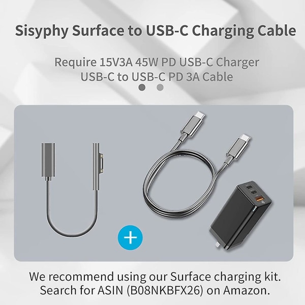 Surface Connect til USB-C Lade Kabel Kompatibel for Surface Pro7 Go2 Pro6 5/4/3 Laptop1/2/3 & Su
