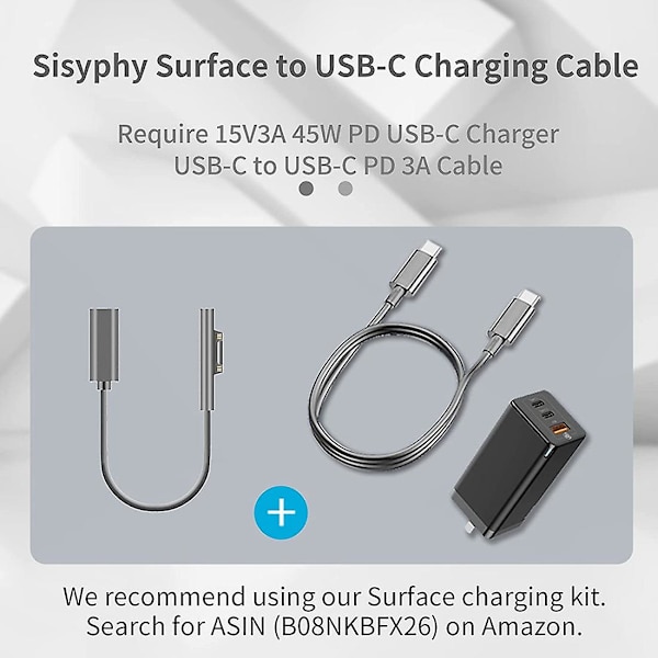 Surface Connect til USB-C Opladningskabel Kompatibel med Surface Pro7 Go2 Pro6 5/4/3 Laptop1/2/3 & Su