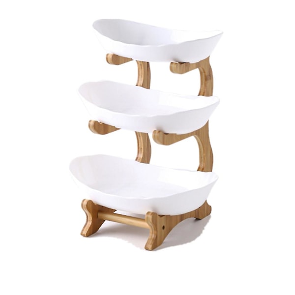 3 Tiers Fruit Plate With Wood Holder Snacks Candy Kitchen White