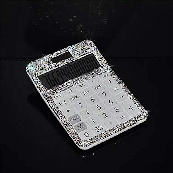 Rhinestone Crystal Dazzling 12 Digit Solar and Battery Dual Power ,LCD Display Calculator for Office, School White cs