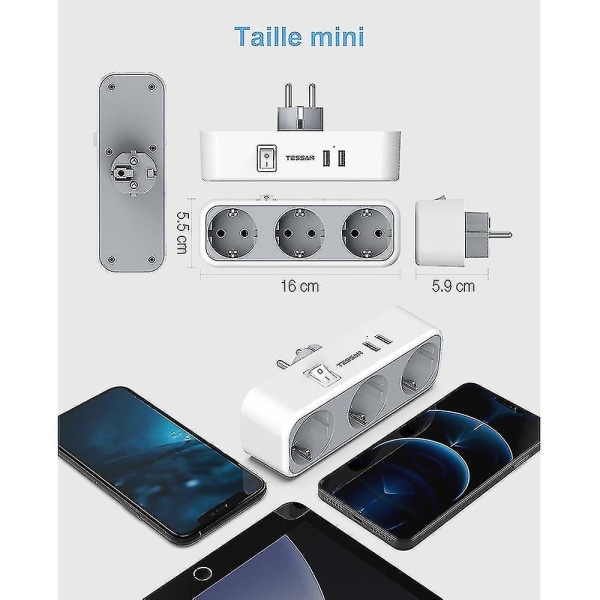 Väggmonterad uttagsadapter 3-vägs med 2 USB portar och strömbrytare, 3 uttag Europakontakt för uttag, multipl.