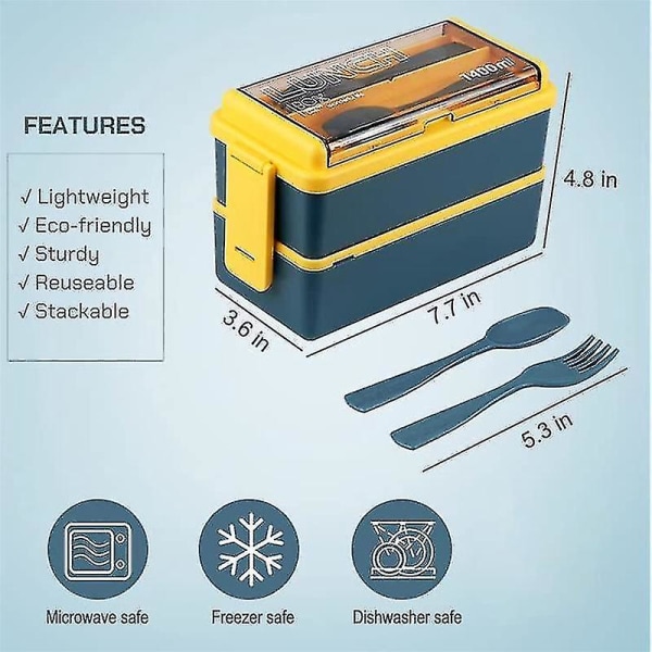 2023-oppgradert Bento-boks for voksne, 2-lags stablebar lunsjboks med støvdeksel til servise, 49 oz Bento