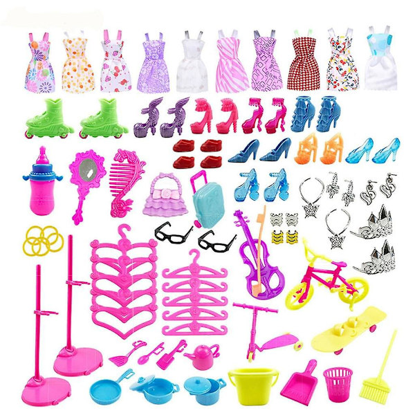 Dhrs 88-delars Set med Kläder, Skor, Smycken och Tillbehör för Barbie-dockor