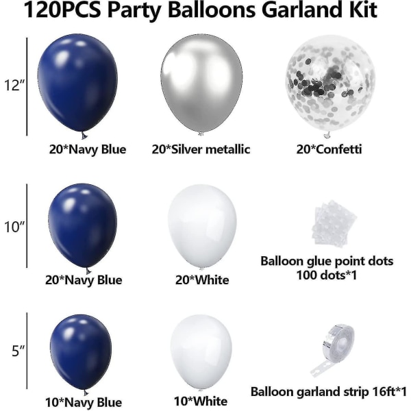 Konfettiballongbågekit i marinblå, silver och vit, 120 st 12 tum, 10 tum, 5 tum latexgirlangbågar för examen, födelsedag, bröllop, årsdag, firande
