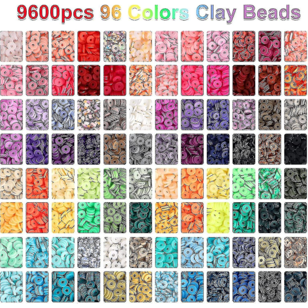9600 leireperler for smykkefremstillingssett, 96 farger fordelt svarte steinperler flate runde polymerleireperler med bokstavperler smileperler og elastikk
