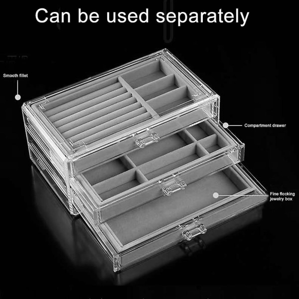 2023 New Hot Clear Jewelry Box Acrylic Velvet Organizer With 3 Drawers For Earrings Rings Necklaces Bracelets Display Stand, 23.5x13.5x10.5cm