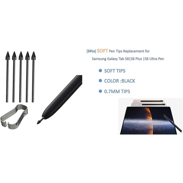 [5 st Mjuka Spetsar] Oem Tab S8 Spetsar, Nibs [0,7 mm] Ersättning För Samsung Galaxy Tab S8/s8 Plus/s8 Ultra Stylus S Pen +verktyg (s8/s8plus/s8 Ultra Svart)