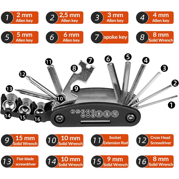 Cykelreparationsverktyg Cykelficka Multifunktion Fällbart Verktyg 16 i 1 Svart