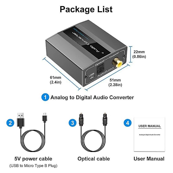Analog til Digital Lydkonverter RCA til Optisk med Optisk Kabel Lyd Digital Toslink og Koaksial