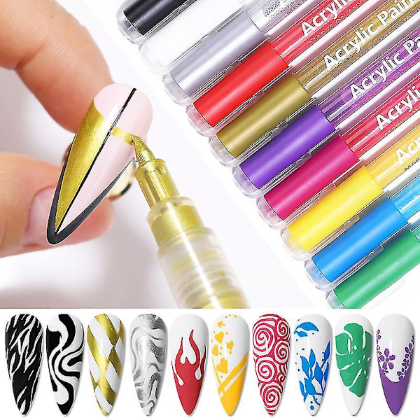 10 Nagelkonstpennor Nagelgraffitipen Vattentät Nagellackspenna (10 Färger)