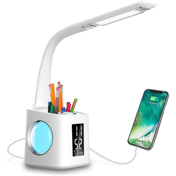 Kxj-study Led skrivbordslampa med USB laddningsport & skärm & kalender & färg Nattljus -6