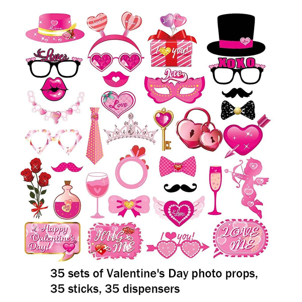 Pakkauksessa 35 ystävänpäivävalokuvakopin rekvisiittaa juhlakoristeita ja suukkokylttejä romanttiseen juhlaan