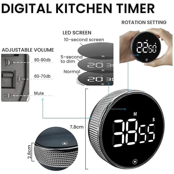 Kjøkkentimer, digital timer LCD-skjerm, minutteller med magnet, roterende nedtelling, timer brukes til matlaging, grilling, læring, sport