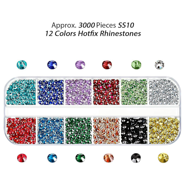 9000 Stycken Heta Fixeringar Rhinestone Klar AB Svart Och Röd Platta Bak Sida Kristall 6 Storlekar 12 Färger Av Rhinestone Glasstenar, Förvaringslåda Med Pincett Och DIY