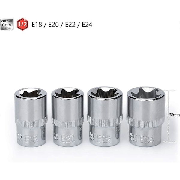 Sett med 14 kvinnelige Torx E4 - E24 stikkontakter på skinne 1/4\", 1/2\", 3/8\"