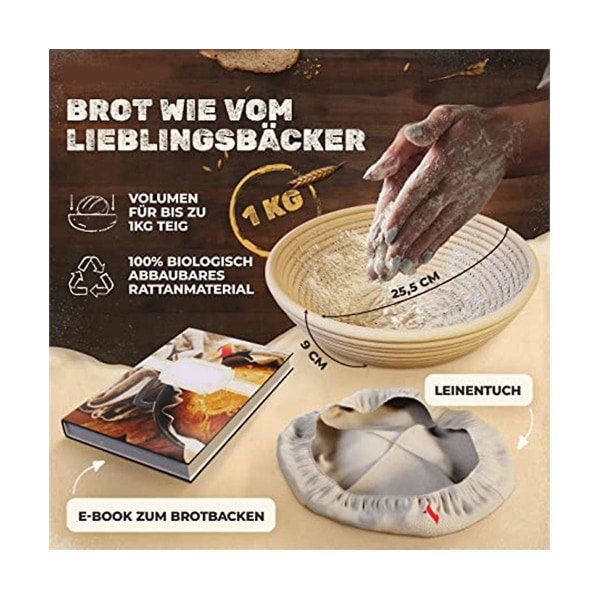 Brødhevingskurv i rotting, deigform, sett med kutter, rund kurv, europeisk brød, bakekurv