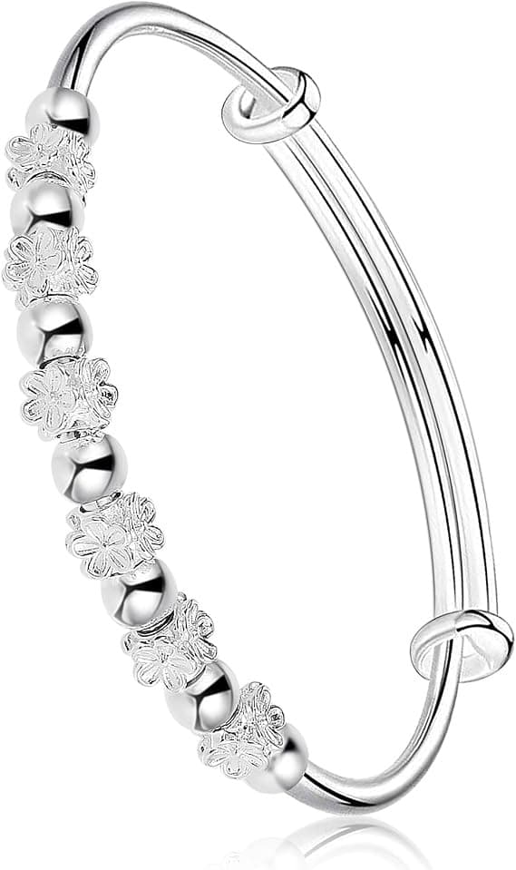 925 Sterling Sølv Perle Roterende Armring, Justerbar, Trykreducerende Armring