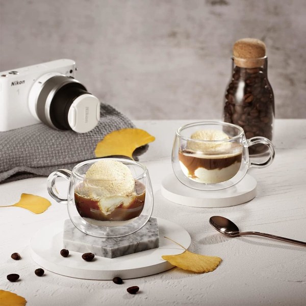 Espresso-kopp 120ml Dubbelväggiga Glas Espresso-kaffekoppar Set om 2 Borosilikatglas Små Kaffe- och Tekoppar med Handtag för Isig Americano, M