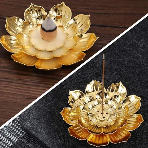Rökelsehållare i zinklegering, Lotus Stick Rökelsebrännare, Rökelsehållare för Stick/Spiral/Kon Rökelse, med Askkopp, Guld