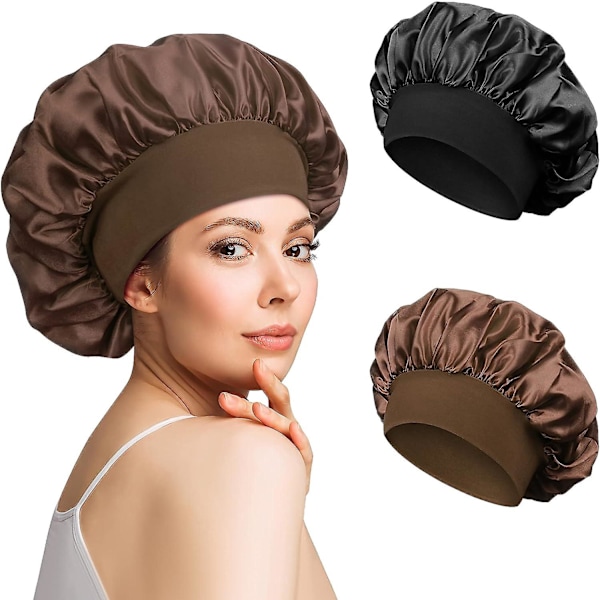 2 Pieces Satin Night Hair Bonnet, Satin Nightcap, Silk Night Hair Bonnet Night Hair Bonnet for Women (Black, Coffee)