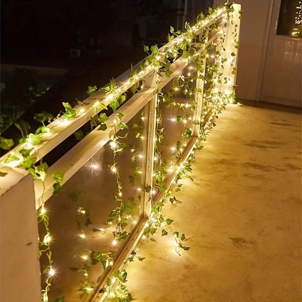Simulerad grön blad rotting LED koppartrådslampa, konstgjord blad blomma fe slinga ljus batteridriven LED