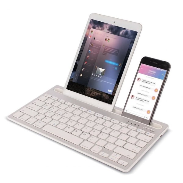 Bluetooth tangentbord, trådlöst minitangentbord med telefonhållare, dubbelkanaligt uppladdningsbart tangentbord, Ipad/mobiltelefon, vit |