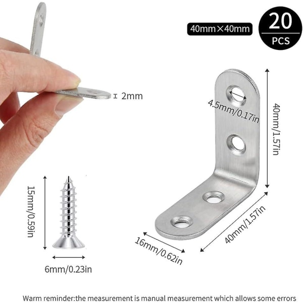 Mustat L-muotoiset kulma-asennetangot, 20 kpl Ruostumaton teräs 90 asteen kulma-asennetangot, Hyllyasennetangot 40 X 40 X 17mm Kulma-asennetangot Ruuveilla