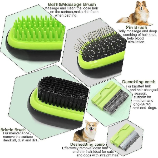 Husdjursvårdsborste 5 i 1 massagesats för husdjur Hundborste Kattborste Bad/borst/nål Borste hårborttagningsverktyg för hundar och katter med långt eller kort hår