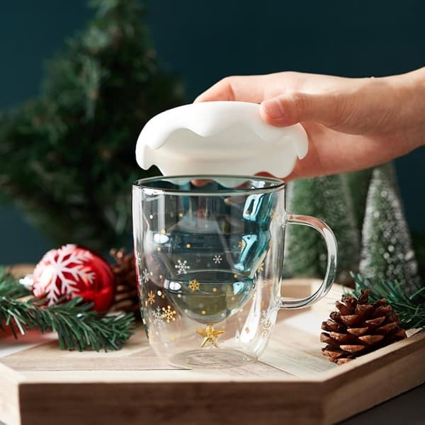 Julmugg, dubbelväggigt glas med lock, juldekorativ present