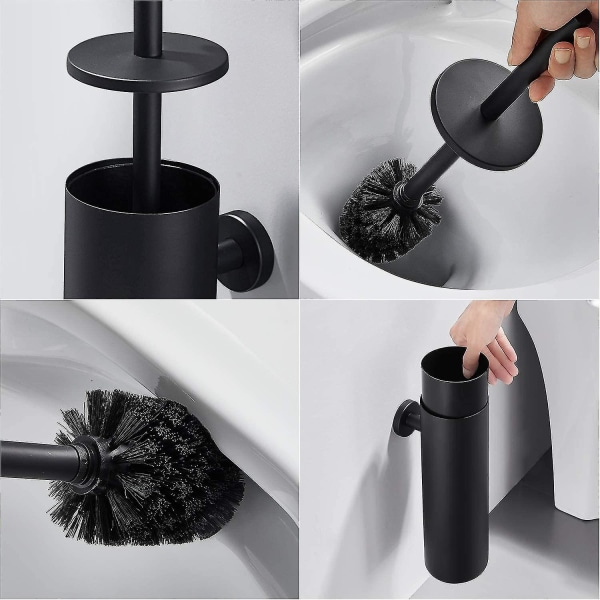 304 rustfritt stål toalettbørste og holdersett, svart krom toalettkost med holder, svart toalett