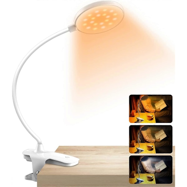 Genopladelig Trådløs LED Bordlampe, 3 Farver og 3 Dæmpbare, USB Touch Sengelampe med Klemme til Børn, 20 LED'er Fleksibel 360 Bærbar Clip-on Læselampe