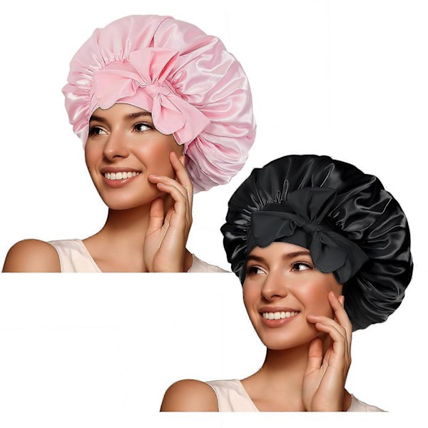 Duschmössa Sovmössa Sidenmössa 2 stycken (rosa och svart) Lyxig Bekväm Elegant