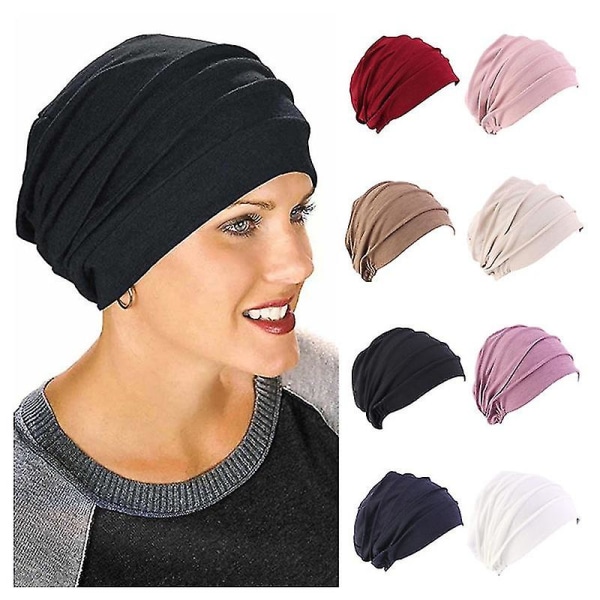 Kvinner Bomull Elastisk Beanie Myk Turban Bonnet Head Wrap Sikring Lamell Chemo Hat