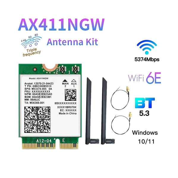 Ax411 Wifi Card+8db Antenni Wifi 6e Cnvio2 Bt 5.3 -kaistainen 5374mbps Wifi-sovitin kannettavalle tietokoneelle/pc Win