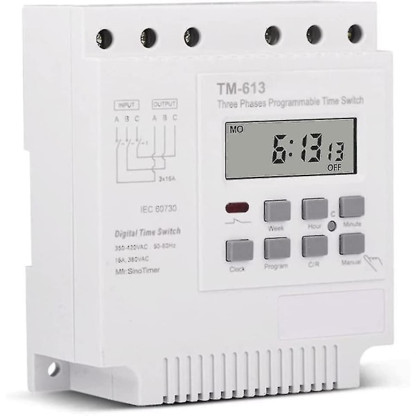 Timerbryterkontroller, Tm613 380v Intelligent trefaset programmerbart vanntett deksel med ledningskontakter (1 stk, hvit)