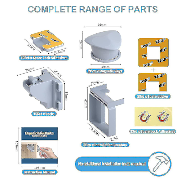Magneettiset kaappilukot (10 lukkoa 2 avainta), Kaappilukot vauvoille, Vauvan turvallisuus ja lapsiturvallisuus , Vauvan turvallisuus kaappeihin, Sopii useimpiin kaappeihin ja 