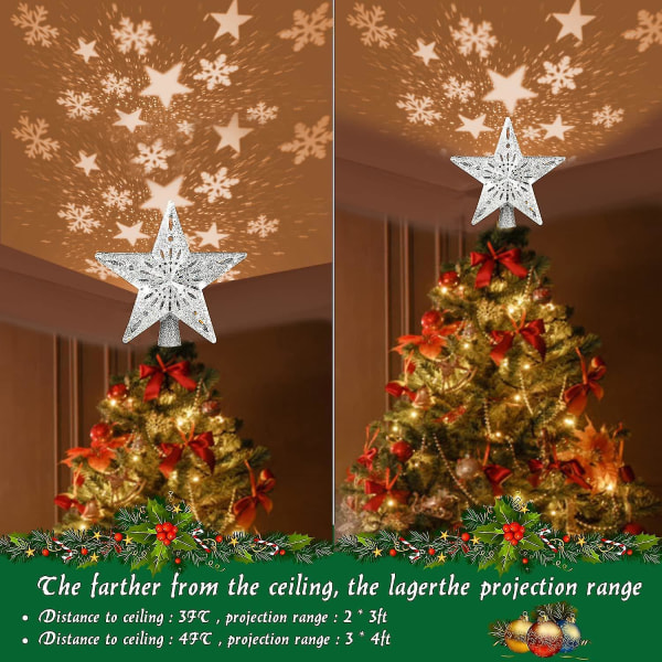 Joulukuusitähti, 4m USB Joulutähti syttyy LED Snowflake -projektorilampulla, 2 in 1 pyörivä joulukuusentähti joulukoristukseen