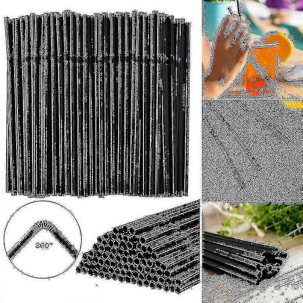 500/200/100 stk Fleksible Bøjbare Sorte Drikkestraws Plastik Engangsstraws