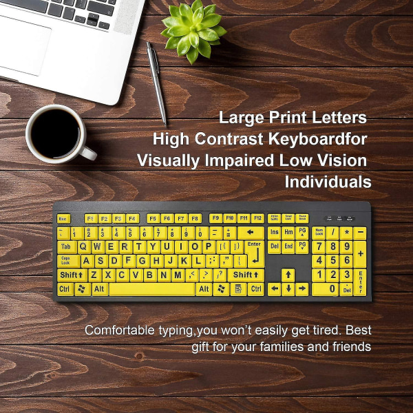 Piao Datortangentbord med stort print , kabelanslutet USB -tangentbord med hög kontrast med print bokstäver för synskadade personer med nedsatt syn (gul