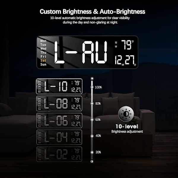 16-tommers veggklokke LED digital vekkerklokke med fjernkontroll, 12/24 timer stilig moderne design.