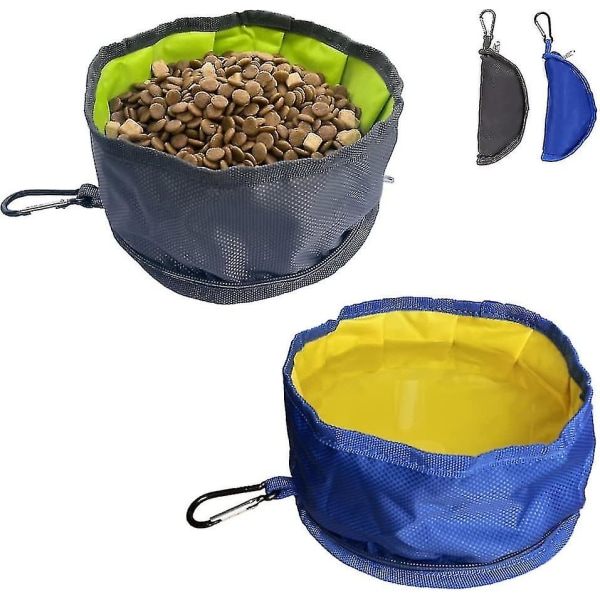 Reiseskål, 2 stk sammenleggbar hundeskål Reiseskål Sammenleggbar hundeskål Vanntett stoff bærbart med karabinhage og glidelås ((grå+blå))