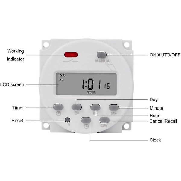 Mini programmerbar timerbryter, 1 sekund til 168 timer, elektronisk automatisk tidsstyringsenhet, 5V 12V 24V 110V 220V, digital vegg-/på-timer (12V DC)